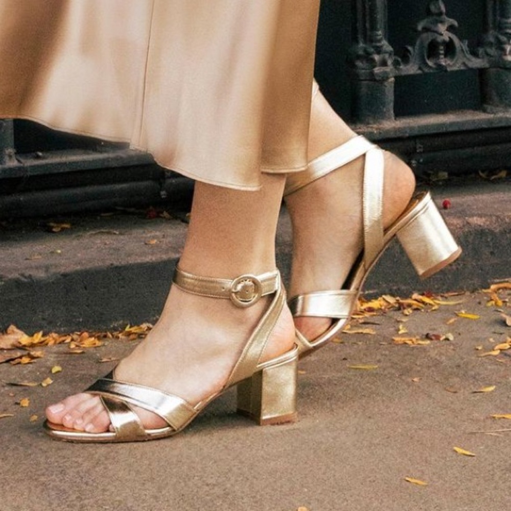 NWOT Margaux ‘The City Sandals’ Heels in Gold Nappa, SZ 40.5M